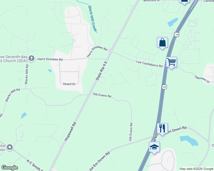 map of restaurants, bars, coffee shops, grocery stores, and more near 48 Lost Creek Circle in Dawsonville