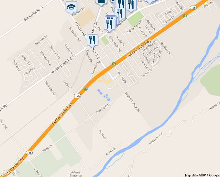 map of restaurants, bars, coffee shops, grocery stores, and more near 870 Corporation Street in Santa Paula