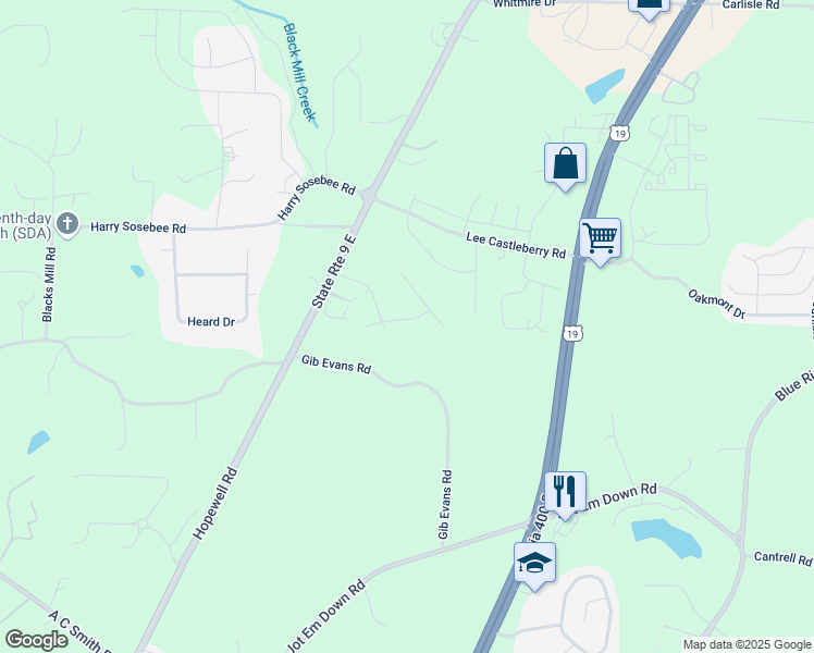 map of restaurants, bars, coffee shops, grocery stores, and more near 60 Weeping Willow Lane in Dawsonville