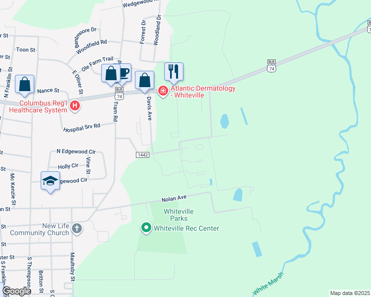 map of restaurants, bars, coffee shops, grocery stores, and more near 102 Knights Cove in Whiteville
