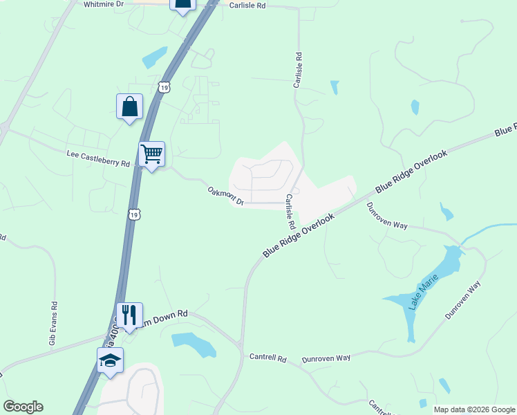 map of restaurants, bars, coffee shops, grocery stores, and more near 111 Oakmont Drive in Dawsonville