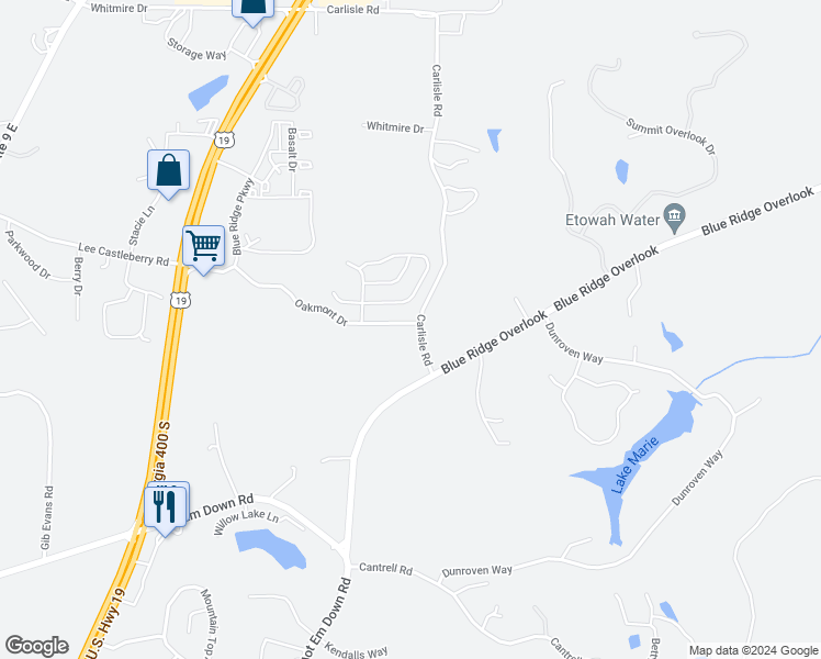 map of restaurants, bars, coffee shops, grocery stores, and more near 25 Oakmont Drive in Dawsonville