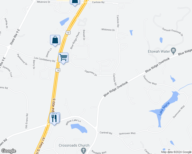 map of restaurants, bars, coffee shops, grocery stores, and more near 171 Oakmont Drive in Dawsonville