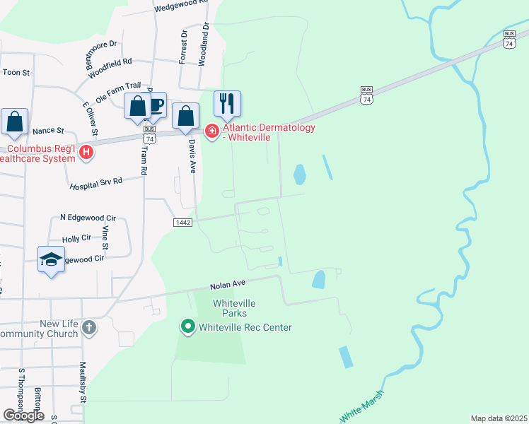 map of restaurants, bars, coffee shops, grocery stores, and more near 101 Hampton Court in Whiteville