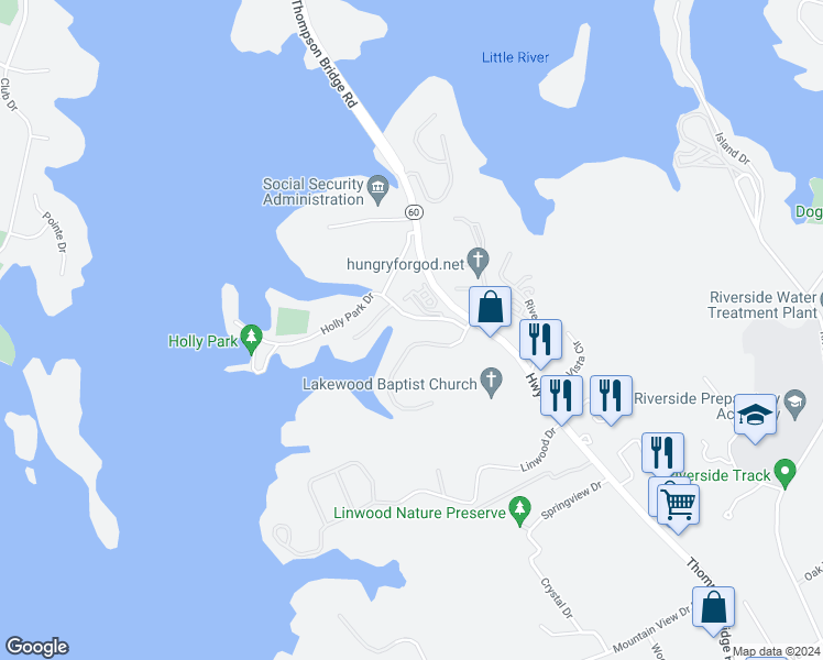 map of restaurants, bars, coffee shops, grocery stores, and more near 2517 Old Thompson Bridge Road in Gainesville