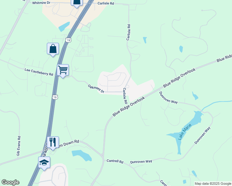 map of restaurants, bars, coffee shops, grocery stores, and more near 65 Oakmont Drive in Dawsonville