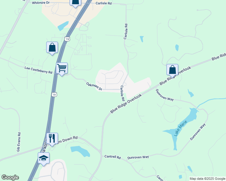 map of restaurants, bars, coffee shops, grocery stores, and more near 73 Oakmont Drive in Dawsonville