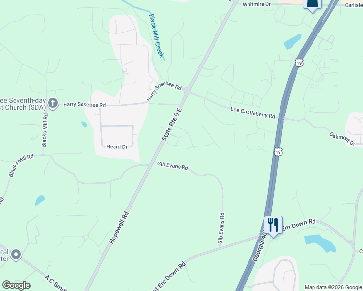 map of restaurants, bars, coffee shops, grocery stores, and more near 48 Lost Creek Circle in Dawsonville