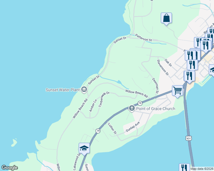 map of restaurants, bars, coffee shops, grocery stores, and more near 1525 Willow Beach Road in Guntersville