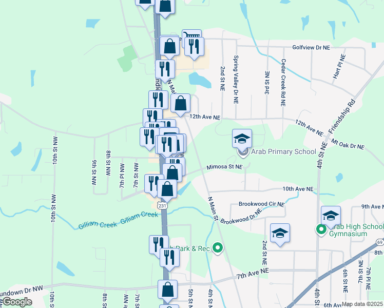 map of restaurants, bars, coffee shops, grocery stores, and more near 1077 North Main Street in Arab