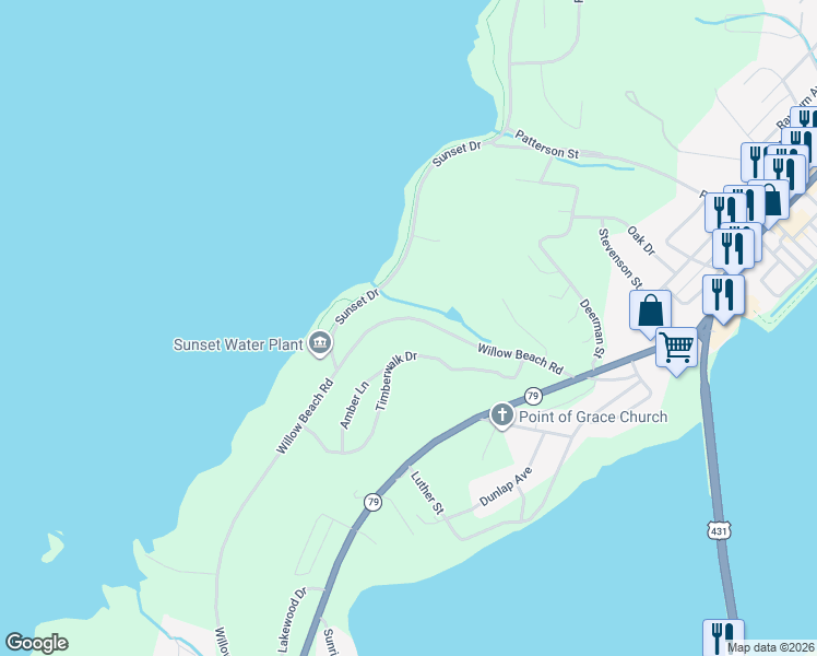 map of restaurants, bars, coffee shops, grocery stores, and more near 1525 Willow Beach Road in Guntersville
