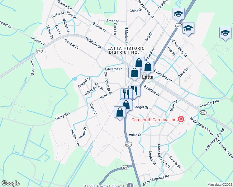 map of restaurants, bars, coffee shops, grocery stores, and more near 211 Henry Street in Latta