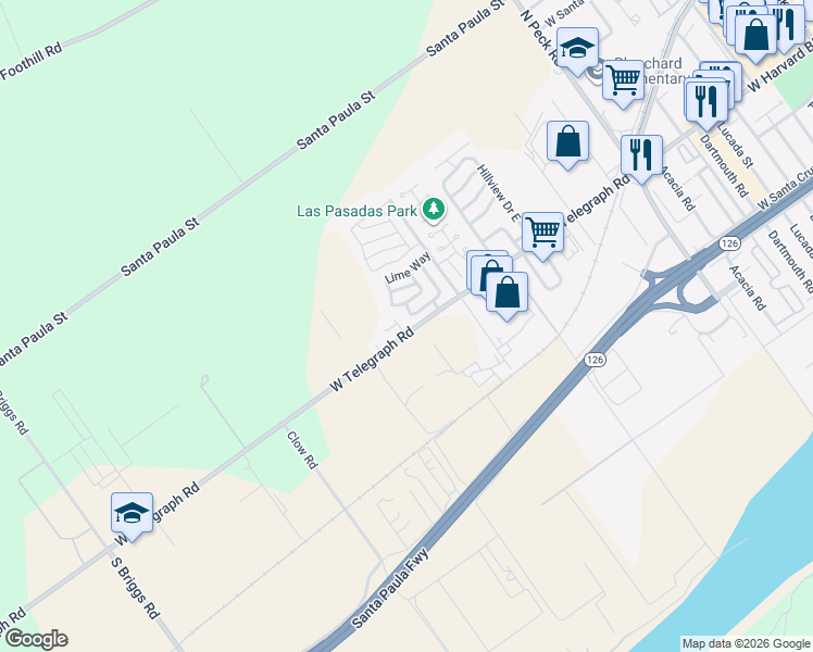 map of restaurants, bars, coffee shops, grocery stores, and more near 291 Country View Court in Santa Paula