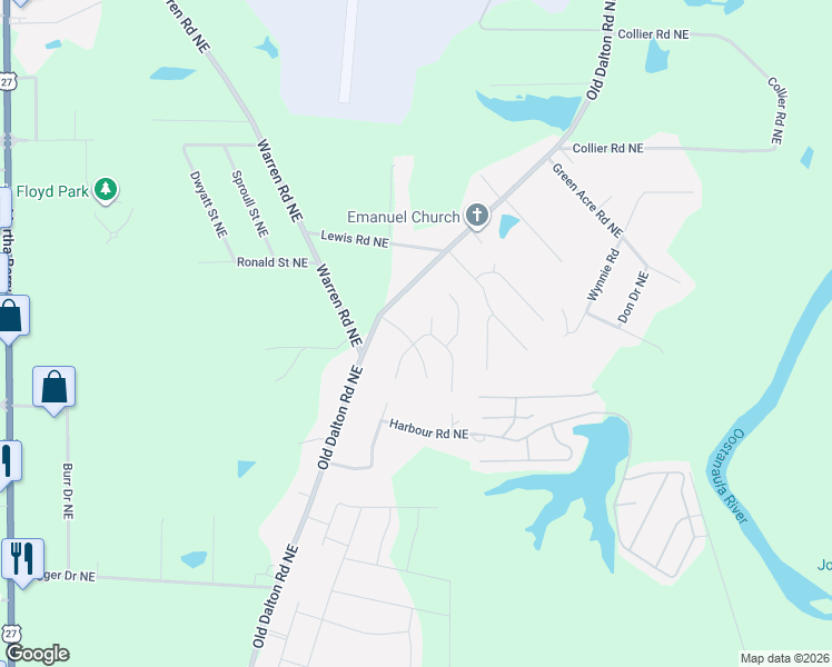 map of restaurants, bars, coffee shops, grocery stores, and more near 13 Applewood Drive Northeast in Rome