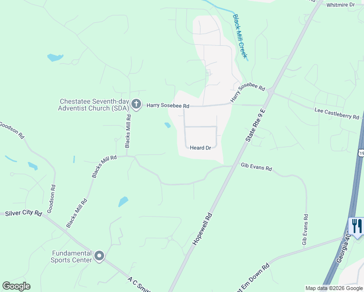 map of restaurants, bars, coffee shops, grocery stores, and more near 202 Heard Drive in Dawsonville