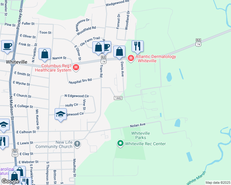 map of restaurants, bars, coffee shops, grocery stores, and more near 621 Blue Jean Road in Whiteville