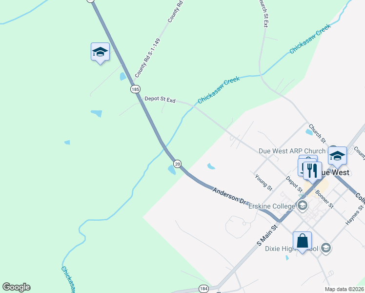 map of restaurants, bars, coffee shops, grocery stores, and more near Highway 185 in Due West