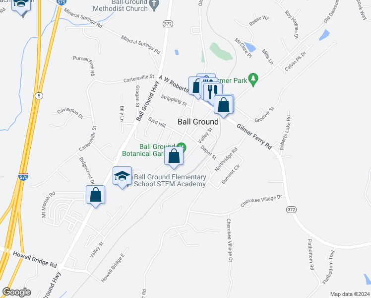 map of restaurants, bars, coffee shops, grocery stores, and more near 215 Valley Street in Ball Ground