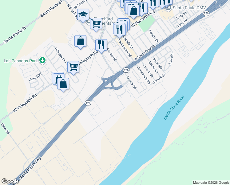 map of restaurants, bars, coffee shops, grocery stores, and more near 917 Corporation Street in Santa Paula