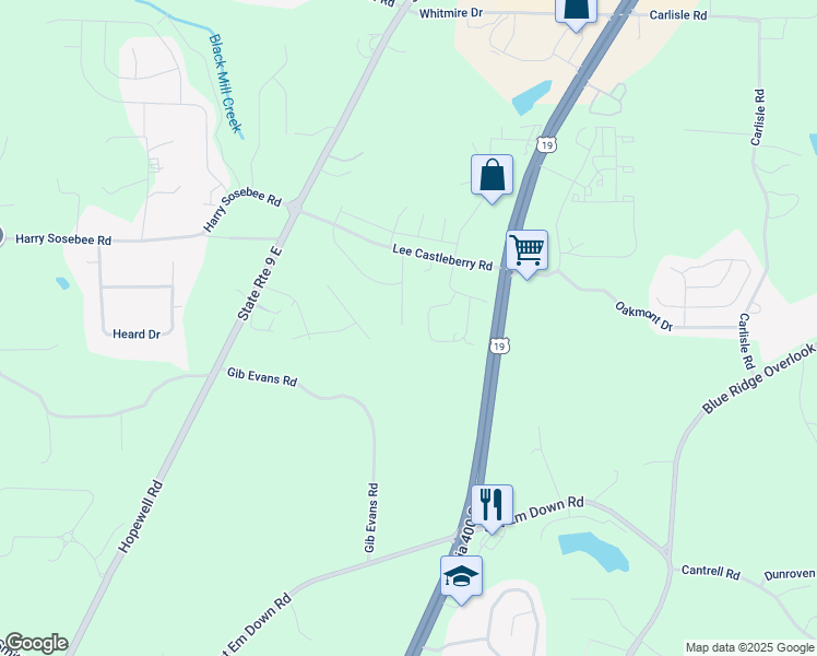 map of restaurants, bars, coffee shops, grocery stores, and more near 165 Berry Drive in Dawsonville