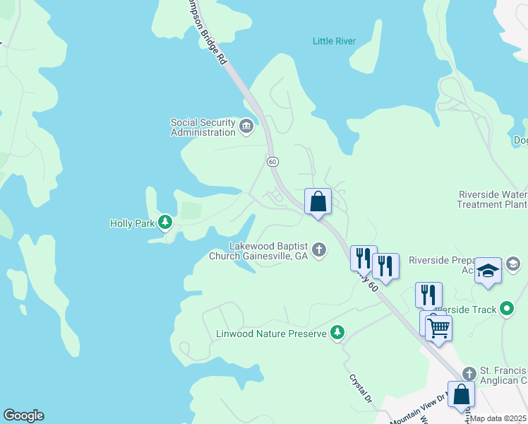 map of restaurants, bars, coffee shops, grocery stores, and more near 2517 Old Thompson Bridge Road in Gainesville