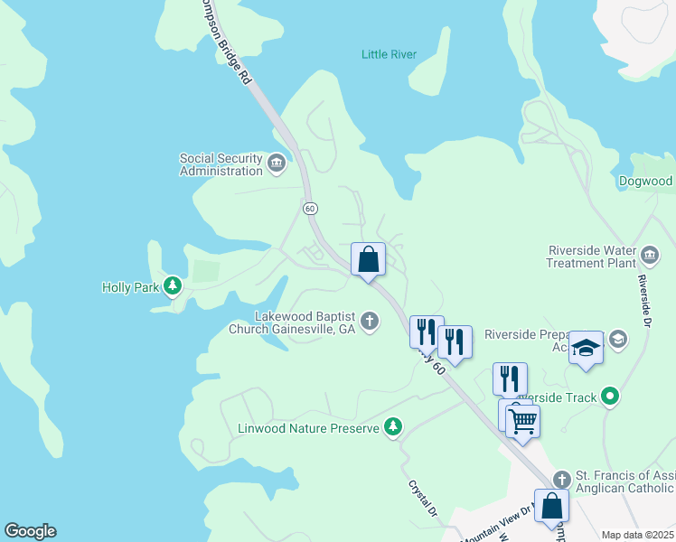 map of restaurants, bars, coffee shops, grocery stores, and more near 2517 Old Thompson Bridge Road in Gainesville