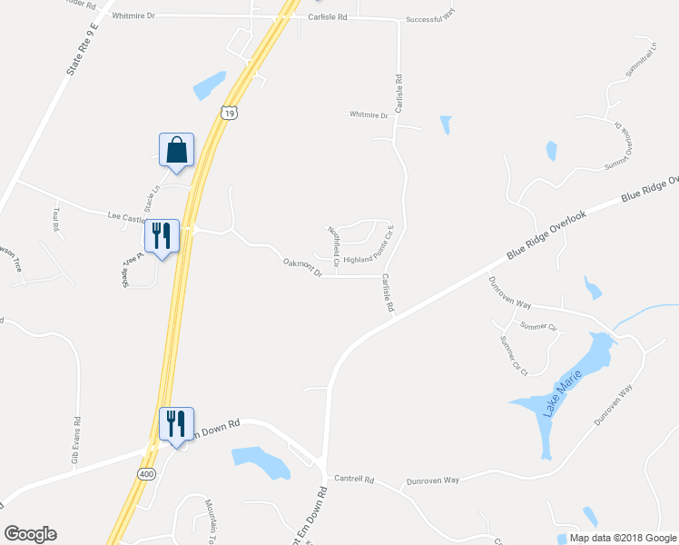 map of restaurants, bars, coffee shops, grocery stores, and more near 124 Oakmont Drive in Dawsonville
