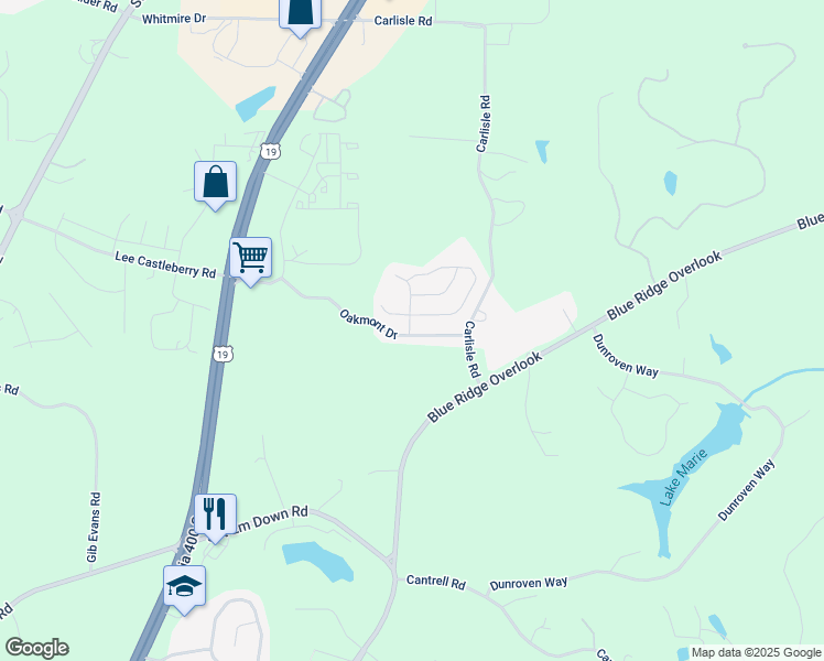 map of restaurants, bars, coffee shops, grocery stores, and more near 124 Oakmont Drive in Dawsonville