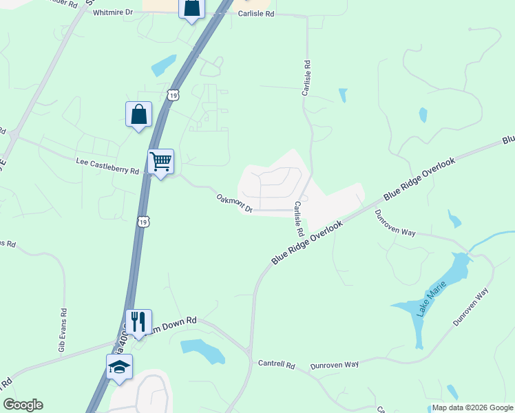 map of restaurants, bars, coffee shops, grocery stores, and more near 111 Oakmont Drive in Dawsonville
