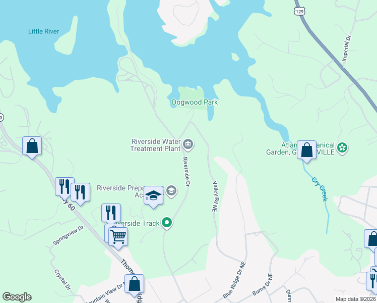 map of restaurants, bars, coffee shops, grocery stores, and more near 2120 Riverside Drive in Gainesville