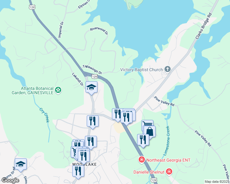 map of restaurants, bars, coffee shops, grocery stores, and more near 2728 Limestone Parkway in Gainesville