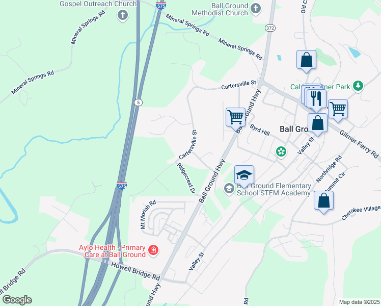 map of restaurants, bars, coffee shops, grocery stores, and more near 805 Cartersville Street in Ball Ground