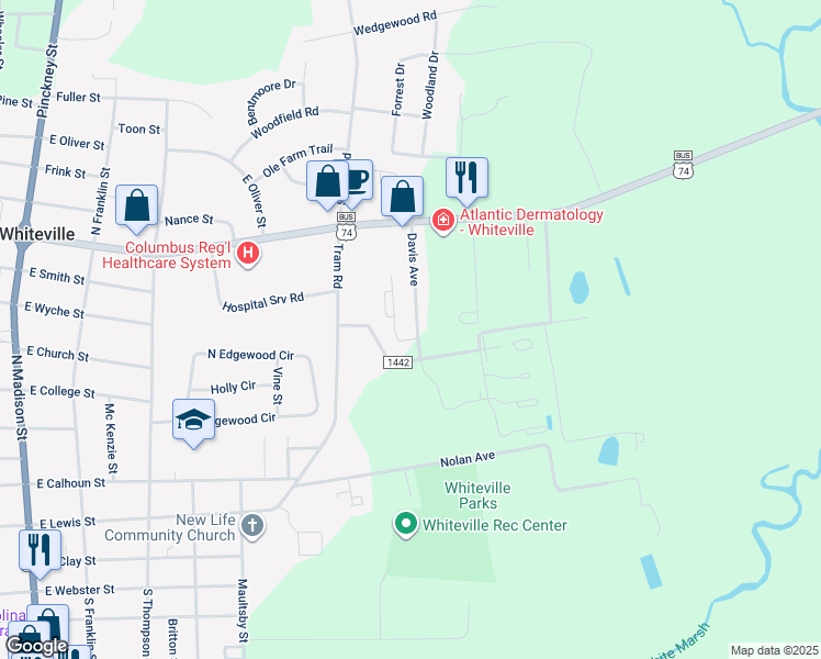 map of restaurants, bars, coffee shops, grocery stores, and more near 609 Davis Avenue in Whiteville
