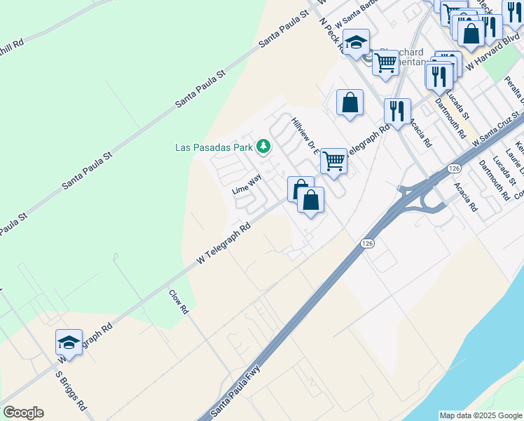 map of restaurants, bars, coffee shops, grocery stores, and more near 15433 West Telegraph Road in Santa Paula