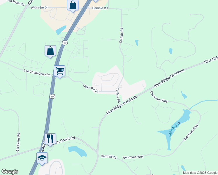 map of restaurants, bars, coffee shops, grocery stores, and more near 62 Highland Pointe Circle East in Dawsonville