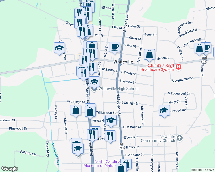 map of restaurants, bars, coffee shops, grocery stores, and more near 510 North Lee Street in Whiteville