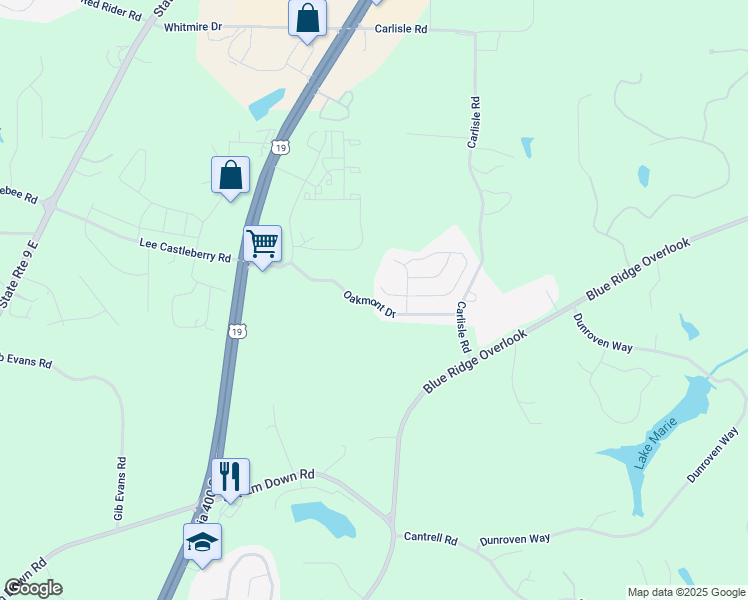 map of restaurants, bars, coffee shops, grocery stores, and more near Oakmont Drive in Dawsonville