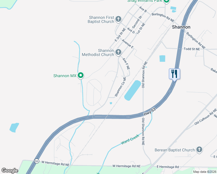 map of restaurants, bars, coffee shops, grocery stores, and more near 831 Shannon Circle Connector Northeast in Rome