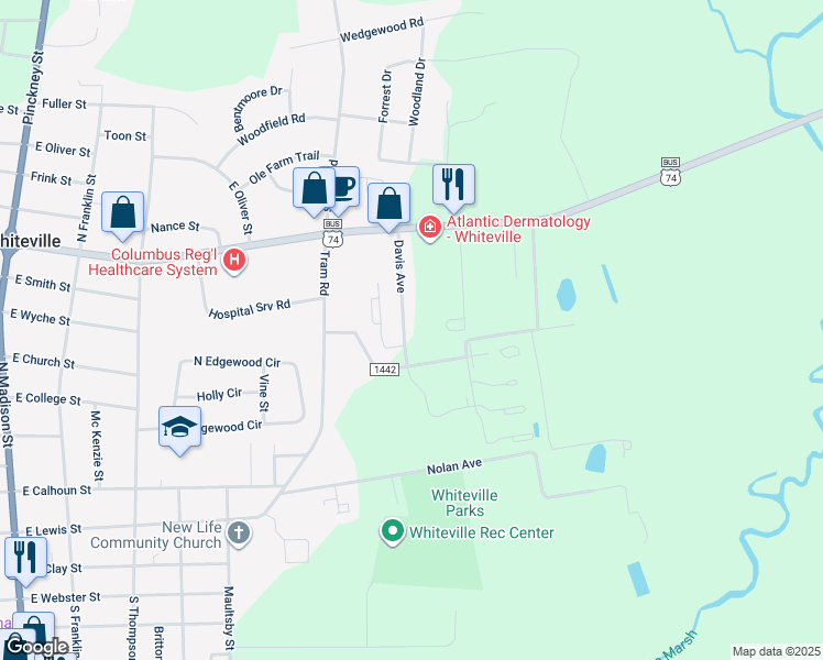 map of restaurants, bars, coffee shops, grocery stores, and more near 610 Davis Avenue in Whiteville