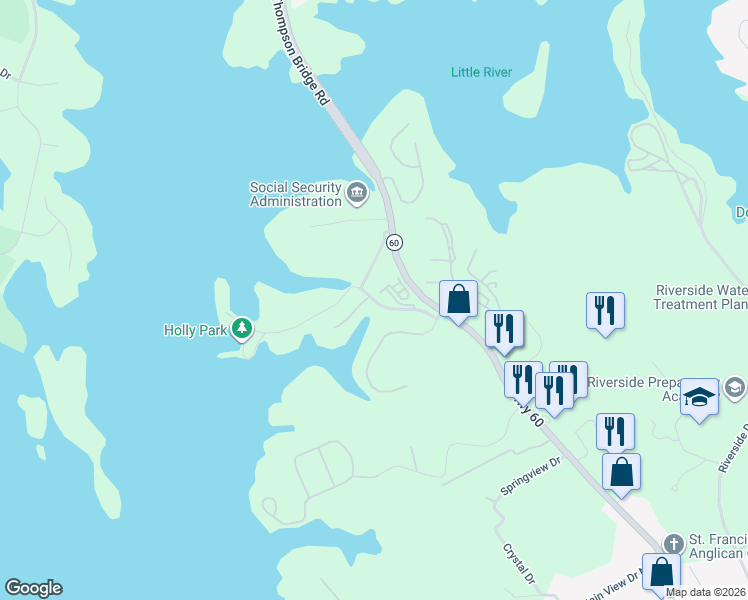 map of restaurants, bars, coffee shops, grocery stores, and more near 2600 Old Thompson Bridge Road in Gainesville