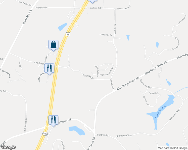 map of restaurants, bars, coffee shops, grocery stores, and more near 40 Highland Pointe Circle West in Dawsonville