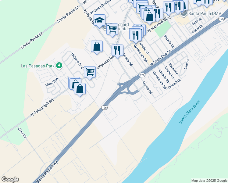 map of restaurants, bars, coffee shops, grocery stores, and more near Faulkner Road in Santa Paula
