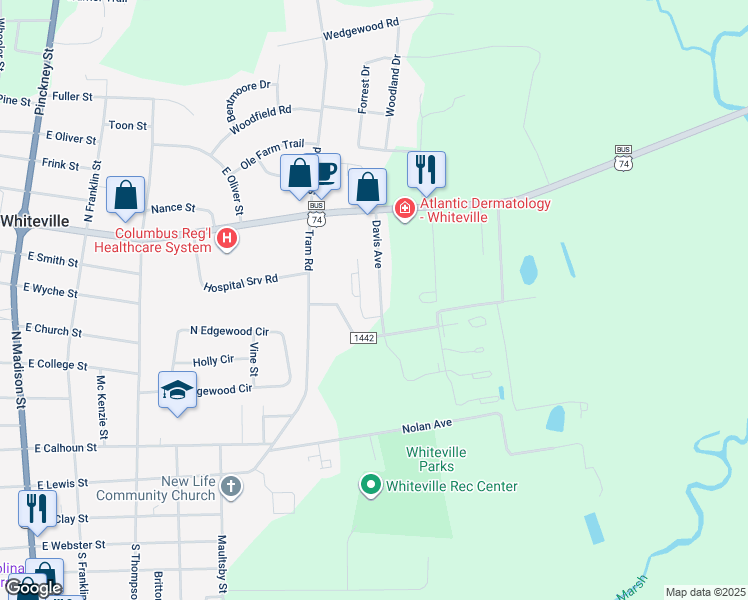 map of restaurants, bars, coffee shops, grocery stores, and more near 611 Davis Avenue in Whiteville