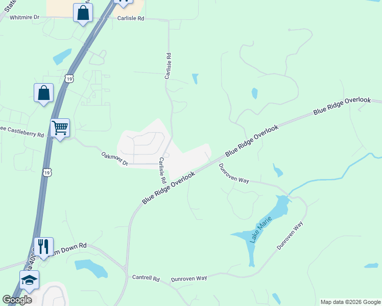 map of restaurants, bars, coffee shops, grocery stores, and more near 1222 Blue Ridge Overlook in Dawsonville
