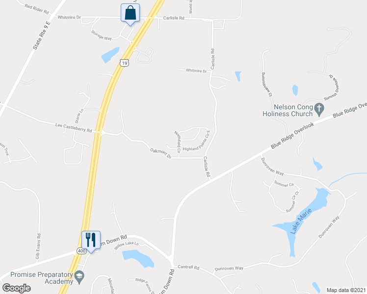 map of restaurants, bars, coffee shops, grocery stores, and more near 23 Highland Pointe Circle East in Dawsonville