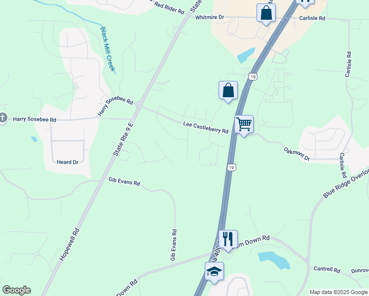 map of restaurants, bars, coffee shops, grocery stores, and more near 112 Berry Drive in Dawsonville