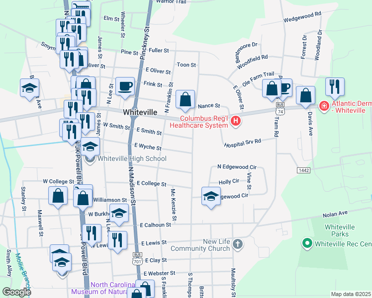 map of restaurants, bars, coffee shops, grocery stores, and more near 609 North Thompson Street in Whiteville