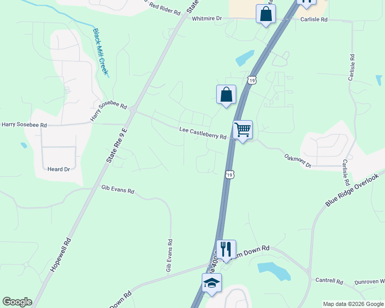 map of restaurants, bars, coffee shops, grocery stores, and more near 82 Shade Tree Place in Dawsonville