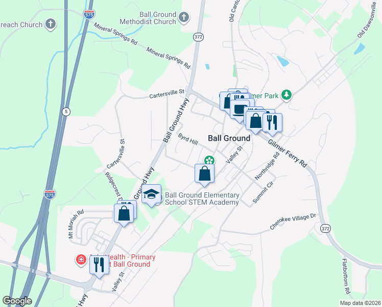 map of restaurants, bars, coffee shops, grocery stores, and more near 110 Fieldstone Terrace in Ball Ground