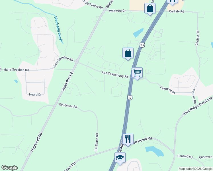 map of restaurants, bars, coffee shops, grocery stores, and more near 82 Shade Tree Place in Dawsonville